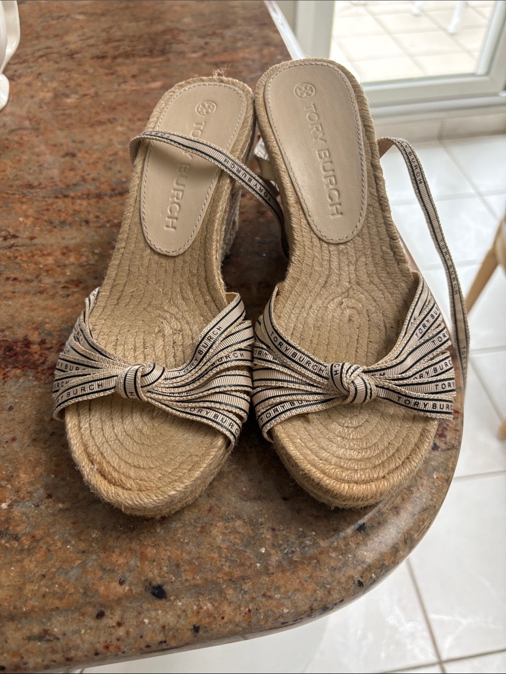 Tory Burch Beige Knotted Logo Espadrille Wedge Sandals